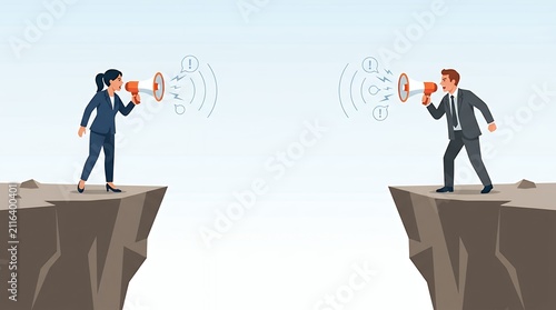 A conceptual illustration of two business professionals standing on opposite cliffs shouting at each other using megaphones symbolizing a communication gap or dispute. business businessman