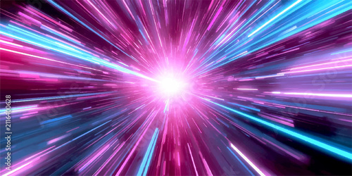 Hyperspace Tunnel Abstract vibrant streaks of pink and cyan light converge towards a bright central point, creating a mesmerizing visual representation of speed and advanced technology.