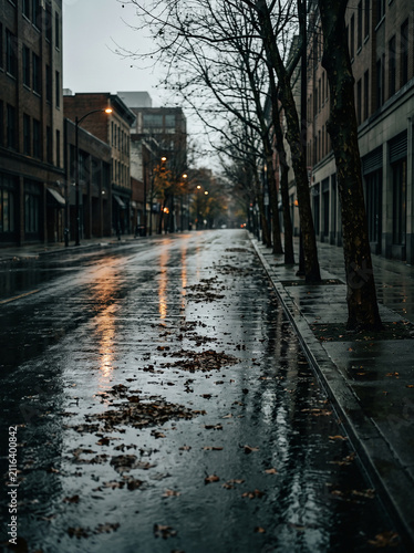 Empty Wet City Street With Reflections At Dusk During Autumn Rain