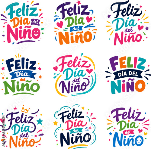 Feliz Dia del Niño colorful lettering set, 9 vibrant Spanish Children's Day typography emblems, playful hand-drawn holiday labels for kids
