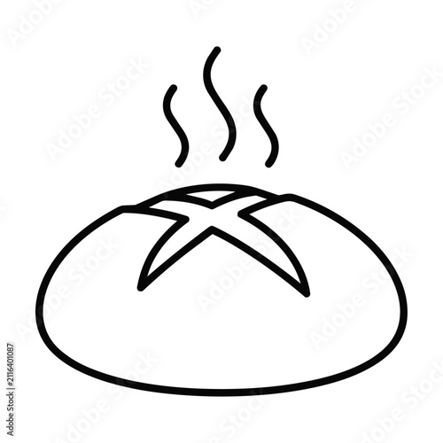 Minimalist line drawing of a sourdough bread loaf with steam swirls on a white background, bakery and artisanal food concept