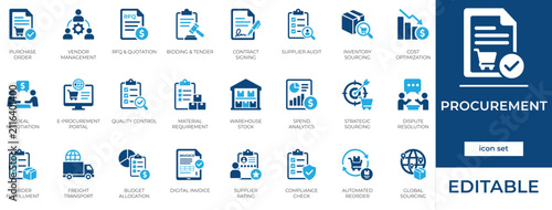 Procurement and Supply Chain Vector Icon Set. Strategic Sourcing, Vendor Management, Contract Negotiation, Bidding, Logistics Symbols