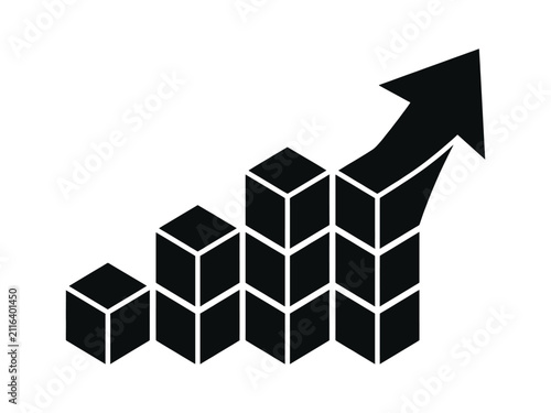 Black rising bar chart icon with staircase cubes and arrow business staircase