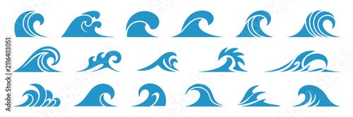 Foto Blue ocean waves abstract sea silhouette wave icon vector set, marine decorative water symbols with splashes, spray, tide and storm weather elements design