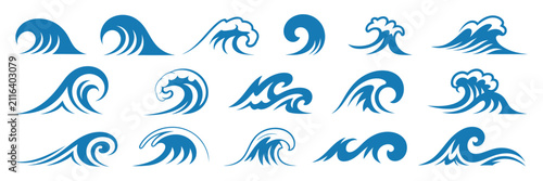 Bild auf Leinwand Blue ocean waves abstract sea silhouette wave icon vector set, marine decorative water symbols with splashes, spray, tide and storm weather elements design