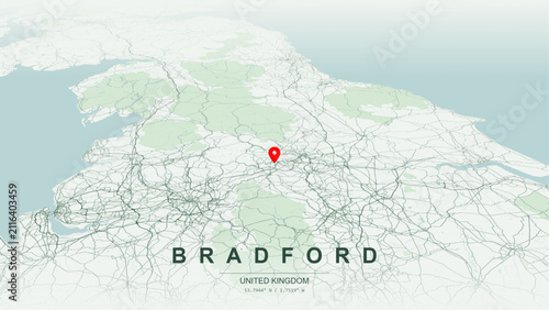 Modern minimalist vector map of Bradford, West Yorkshire, England. High-quality scalable illustration of Bradford geographic boundaries along Bradford Beck valley for posters design.
