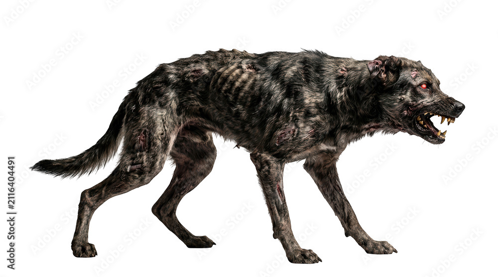Fototapeta premium Scary zombie dog with glowing red eyes isolated on transparent background