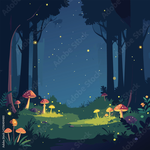 Magical Enchanted Night Forest Illustration with Glowing Bioluminescent Mushrooms and Flying Fireflies