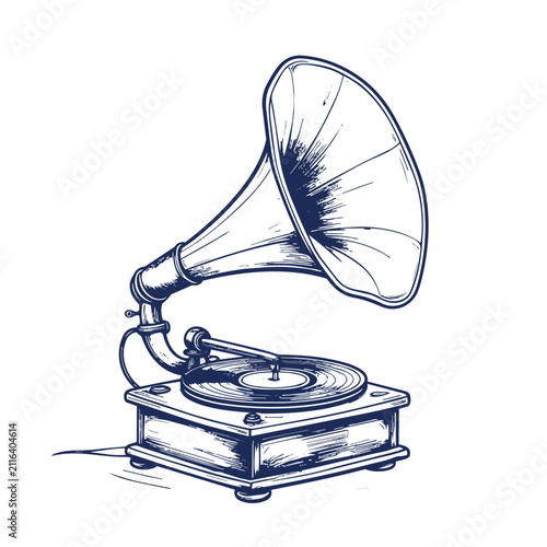 Vintage Gramophone Sketch, Antique Record Player Illustration with Classical Horn and Vinyl Record