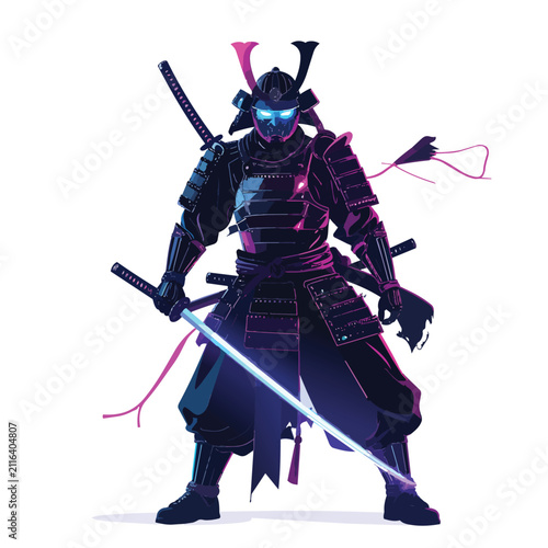 Futuristic Samurai Warrior in Traditional Japanese Armor with Glowing Blue Katana and Neon Lighting