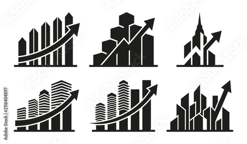 Collection of business building skyline growth bar graph icons with buildings