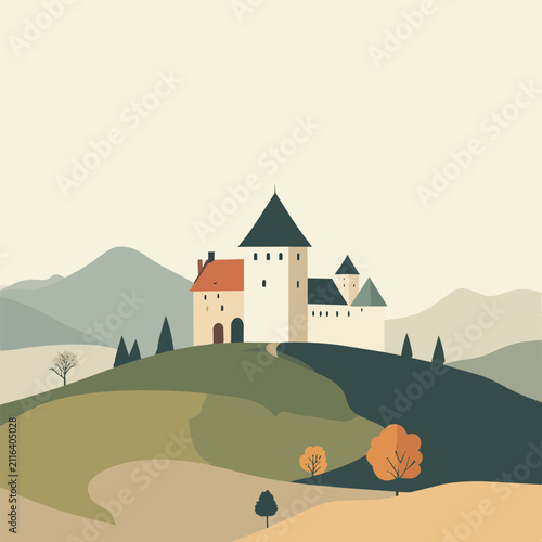 Minimalist Flat Vector Illustration of a Medieval Castle on a Green Hill with Mountain Background