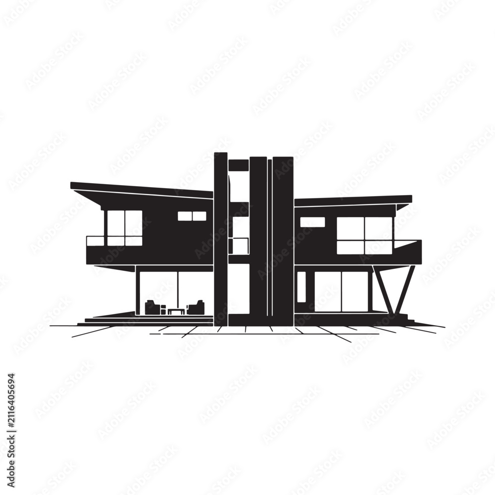 Fototapeta premium Modern house silhouette on white background architectural graphic design