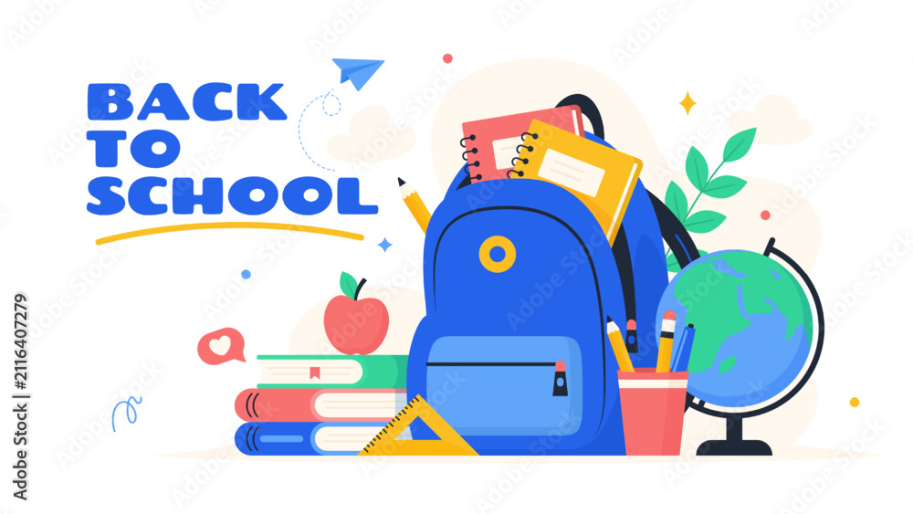 Fototapeta premium Back to school Flat vector illustration with backpack School supplies