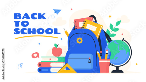 Back to school Flat vector illustration with backpack School supplies