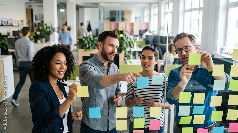 Obraz premium A diverse team of creative professionals collaboratively brainstorms ideas and organizes tasks by placing colorful sticky notes onto a clear glass wall in a bright, open-plan office setting.