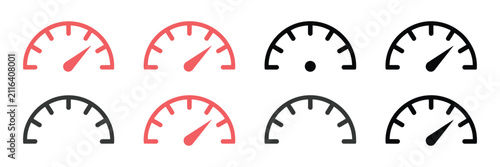 Speedometer vector icon with tachometer dial, vehicle speed indicator and automotive meter symbols in outline styles