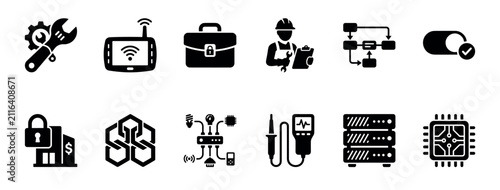Fotografie Collection of black solid glyph icons representing technology, business, and ind