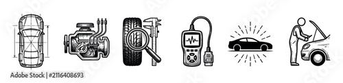 Set of car service and repair icons showing a vehicle alignment blueprint, engine, tire check, diagnostic scanner, and mechanic in a vintage hand-drawn engraving style