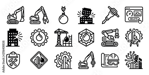 Canvastavla Set of black demolition and deconstruction icons showing an excavator, wrecking