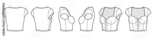Women's sweetheart ruched crop top flat sketch fashion illustration drawing template mock up with transparent background and multi views