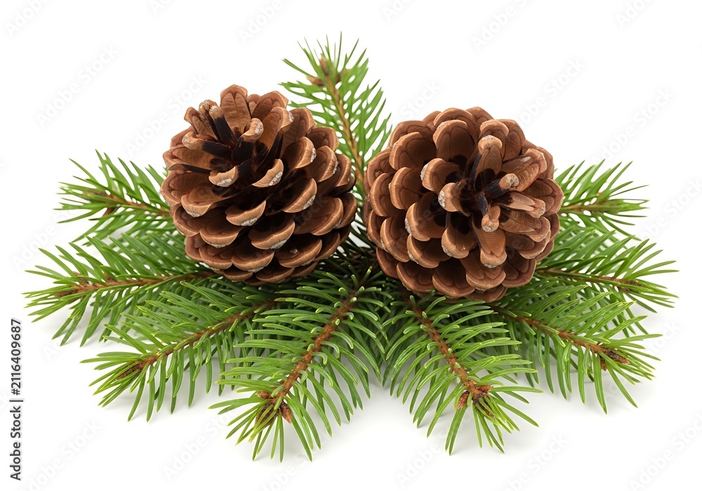 Fototapeta premium Two brown pine cones with green fir tree branches for christmas decoration
