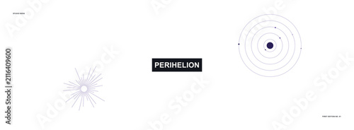 Minimalist infographic representing orbital perihelion points and solar system planetary alignment dynamics in deep space