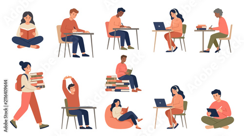 A collection of vector illustrations featuring students engaged in various learning and study activities. vector illustrations of students and young adults in different daily learning activities