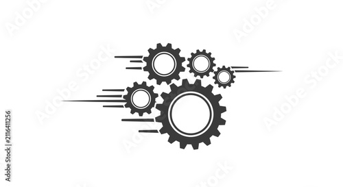 Three interlocking gears with motion lines representing speed.