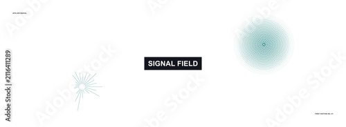 Abstract minimalist digital interface concept with a radiant signal field and geometric radial data visualization element on white background