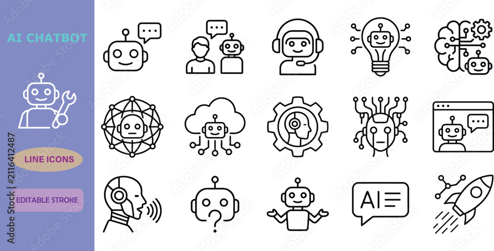 Fototapeta premium AI Chatbot and Artificial Intelligence Icon Set, Vector Collection of Machine Learning, Virtual Assistant, Neural Network and Automation Symbols.