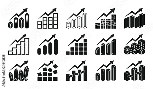 Comprehensive set of fifteen business growth bar charts with upward arrows