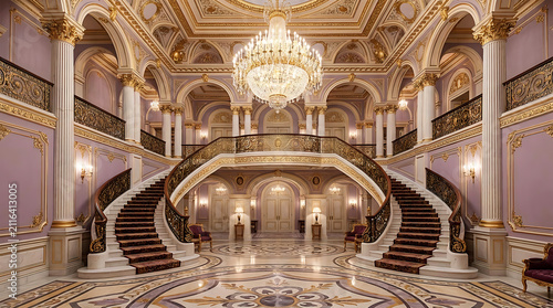 Grand luxury palace foyer with elegant double curved staircase gold railings and chandelier