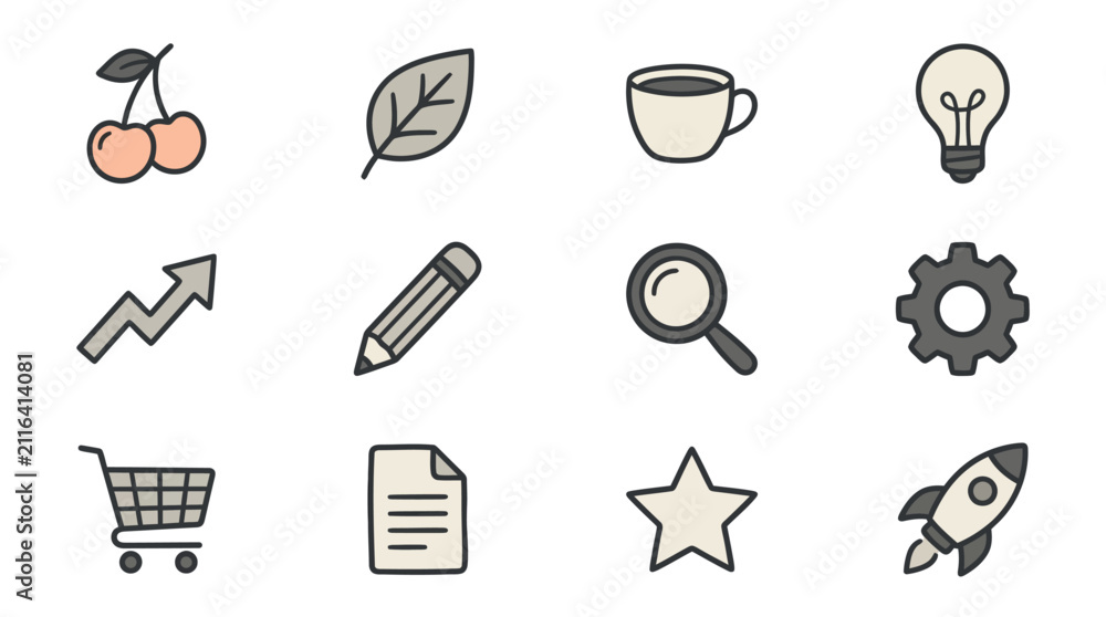 Fototapeta premium Professional Set of Twelve Minimalist Black and White Line Icons Including Cherries Leaf Coffee Cup Lightbulb Graph Pencil Magnifying Glass Gear Shopping Cart Document Star and Rocket