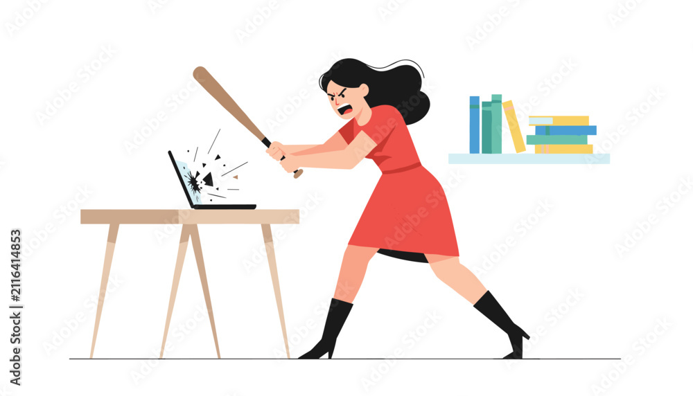 Fototapeta premium Angry businesswoman destroying her laptop computer with a baseball bat, illustrating work frustration, rage, and burnout.