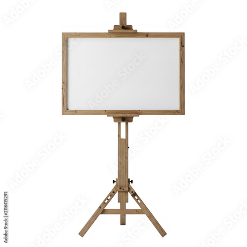 Wooden easel with blank white board on black background stand display