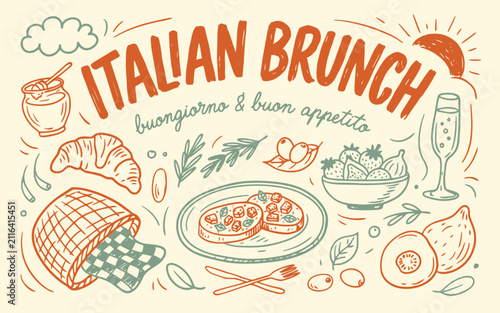 Vector illustration of italian brunch menu design with traditional food coffee fresh pastries