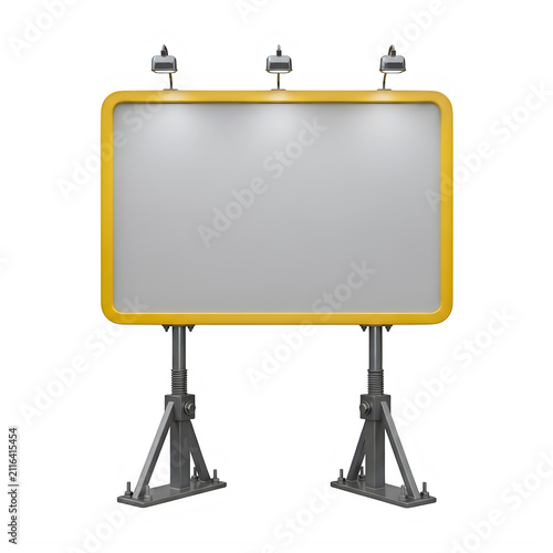 Yellow framed billboard with lights on metal stands on black advertising blank