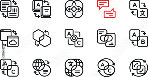 Photography Translation, language exchange and localization vector icons set