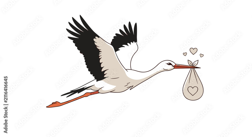 Obraz premium Graceful white stork flying through the air and carrying a small baby bundle with hearts for birth announcements and newborn celebration themes.