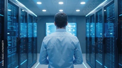 Male tech specialist observing a data center filled with servers and glowing screens for system stability.