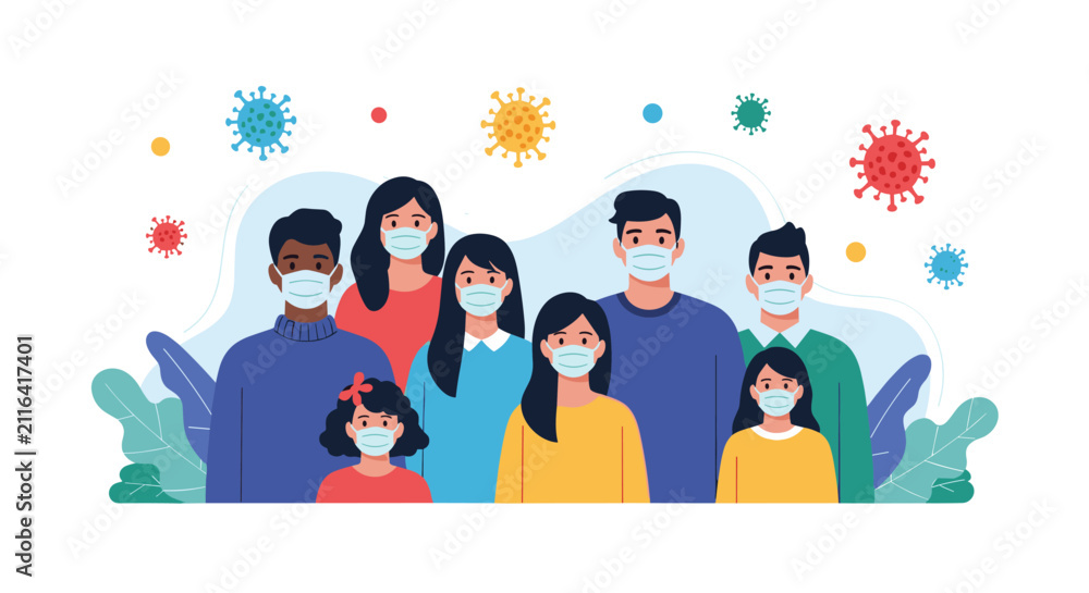 Fototapeta premium Diverse group of people wearing protective face masks surrounded by stylized virus symbols to represent public health awareness.