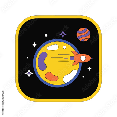 Colorful Space Moon Icon – Rocket and Planet Vector Icon
