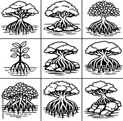 Nine black outline mangrove tree illustrations with exposed roots rocks leaves and water ripples