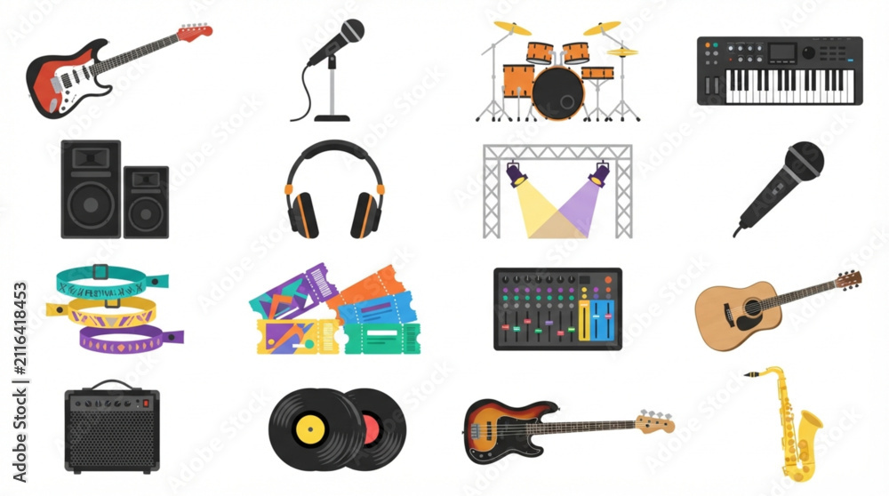 Naklejka premium Music festival and concert icons set. Pixel art collection of musical instruments and gear.