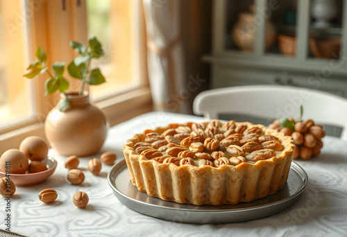 Homemade pecan pie on a sil...