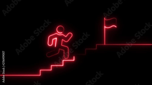 Man and stairs icon sign icon animation on Glowing neon business graph chart concept . 4K neon animation of a person climbing stairs with glowing neon lines on black background.