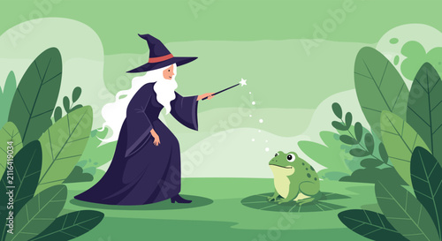 Wizard with long white hair casts a magic spell with a glowing wand on a green frog sitting on a lily pad in a lush forest.