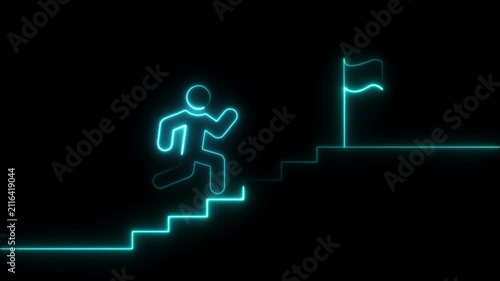 Man and stairs icon sign icon animation on Glowing neon business graph chart concept . 4K neon animation of a person climbing stairs with glowing neon lines on black background.