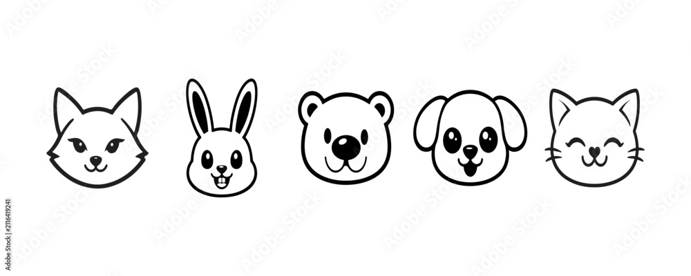 Fototapeta premium Set of six cute cartoon animal faces in flat style with pastel colors, animal face vector, animal cartoon faces